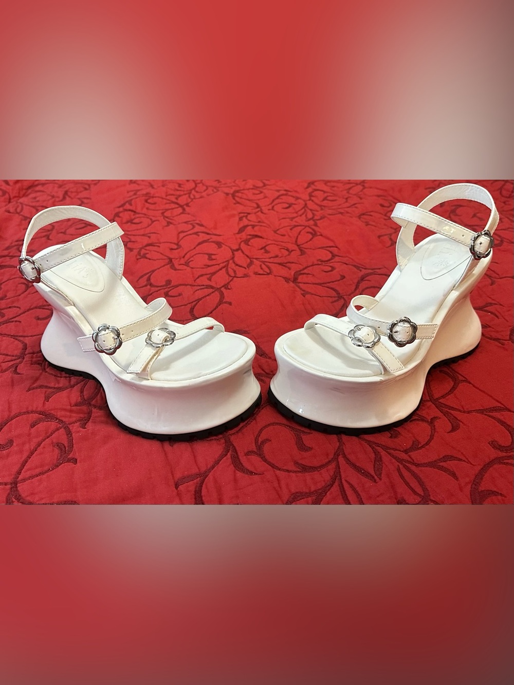 Dolls Kill White Platform Wedge Sandals with Silver Buckles